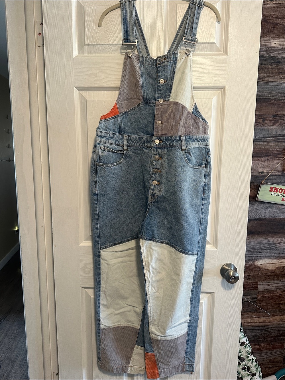 Free People Patchwork Denim/Corduroy Overalls in Blue, Grey, Orange